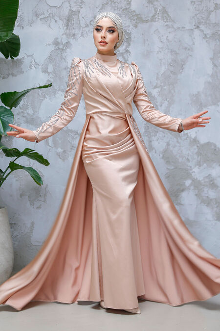 Biscuit Modest Long Satin Dress 43381BS - NEVA STYLE