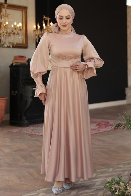 Biscuit Satin Modest Evening Gown 5983BS - NEVA STYLE