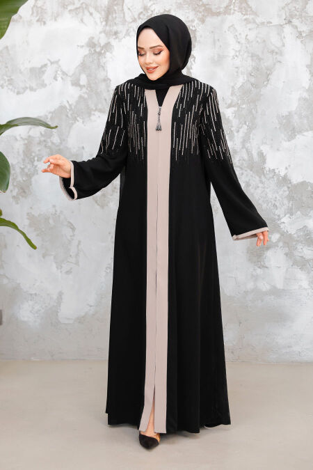 Black Beige Plus Size Modest Abaya 15079SBEJ - NEVA STYLE