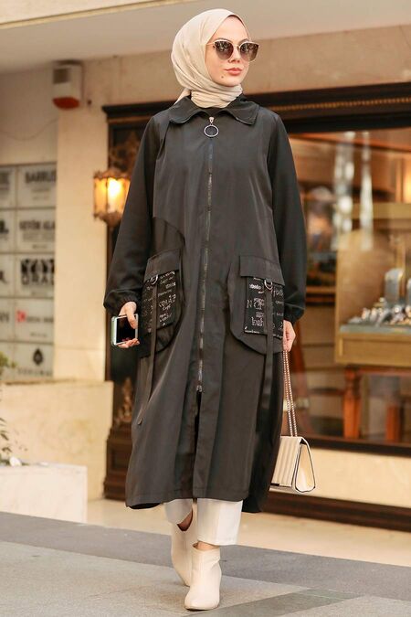Black Hijab Coat 19228S - NEVA STYLE