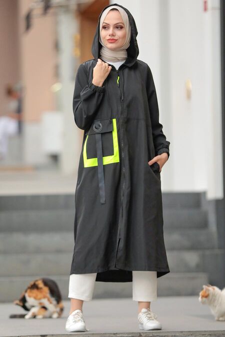 Black Hijab Coat 19229S - NEVA STYLE