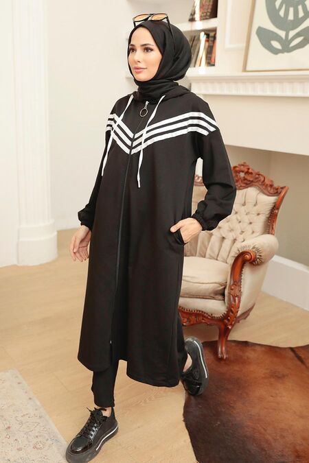 Black Hijab Coat 3216S - NEVA STYLE