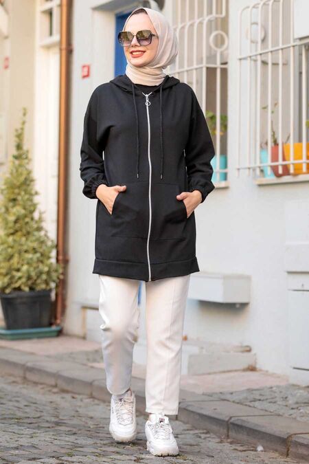 Black Hijab Coat 3674S - NEVA STYLE
