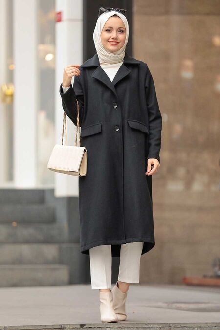 Black Hijab Coat 56720S - NEVA STYLE