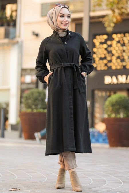 Black Hijab Coat 55740S - NEVA STYLE