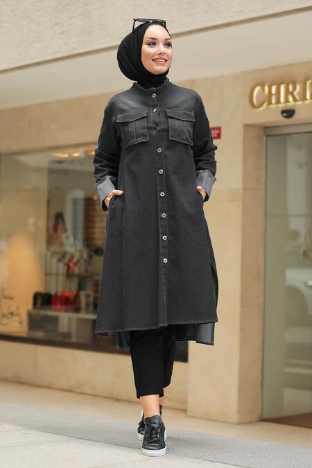 Black Hijab Denim Tunic 5985S - NEVA STYLE