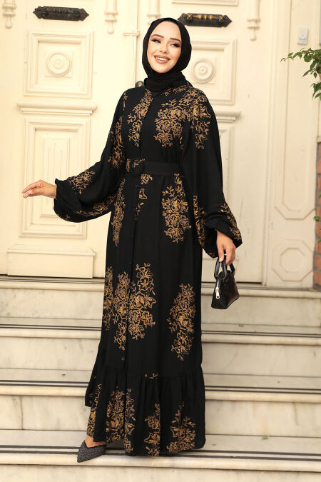 Modest Black Floral Long Dress 19481S - NEVA STYLE