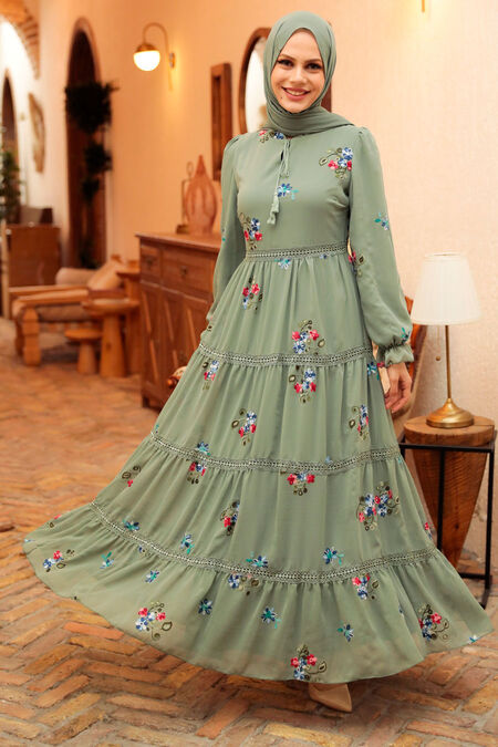 Almond Green Hijab Dress 32812CY - NEVA STYLE