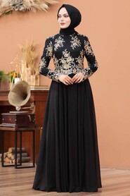  Black Turkish Hijab Evening Dress 7647S - 1