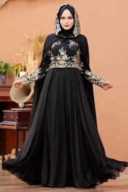  Black Turkish Hijab Evening Dress 7647S - 4