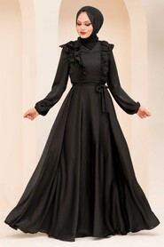  Satin Black Modest Islamic Clothing Wedding Dress 3117S - 1