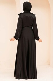  Satin Black Modest Islamic Clothing Wedding Dress 3117S - 2