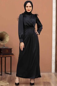  Satin Black Hijab Engagement Dress 4199S - 1
