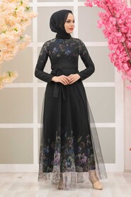  Black Turkish Hijab Long Sleeve Dress 50171S - 1