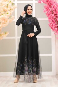  Black Turkish Hijab Long Sleeve Dress 50171S - 3