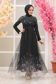  Black Turkish Hijab Long Sleeve Dress 50171S - 2