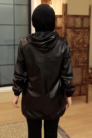 Black Hijab Faux Leather Cap 50204S - 2