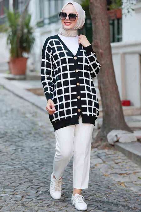 Black Hijab Knitwear Cardigan 2430S - NEVA STYLE