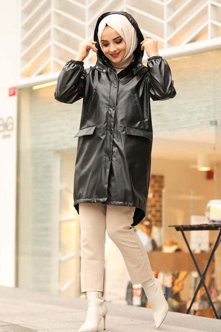Black Hijab Leather Coat 1305S - NEVA STYLE