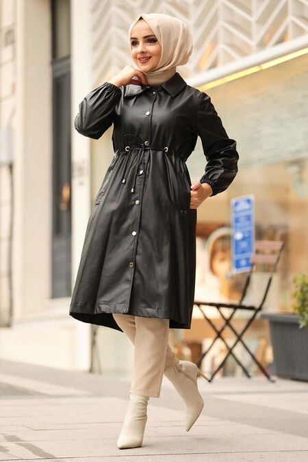 Black Hijab Leather Coat 1309S - NEVA STYLE