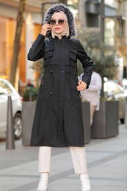 Black Hijab Parka Coat 51013S - 3