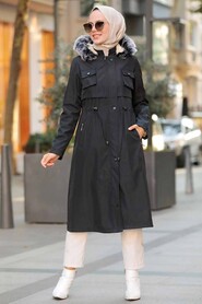 Black Hijab Parka Coat 51013S - 1