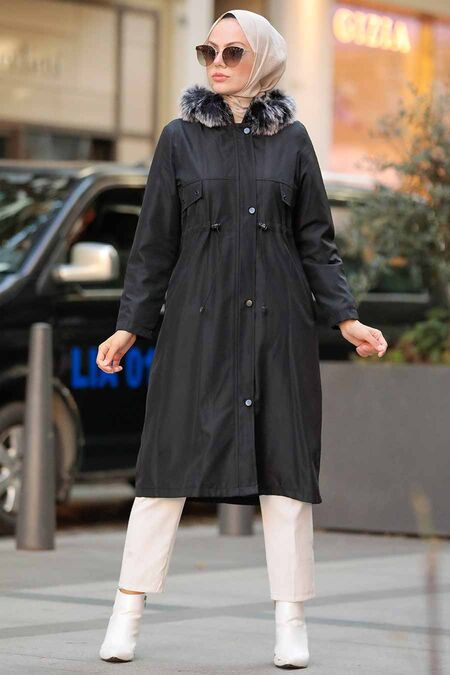 Black Hijab Parka Coat 51015S - NEVA STYLE