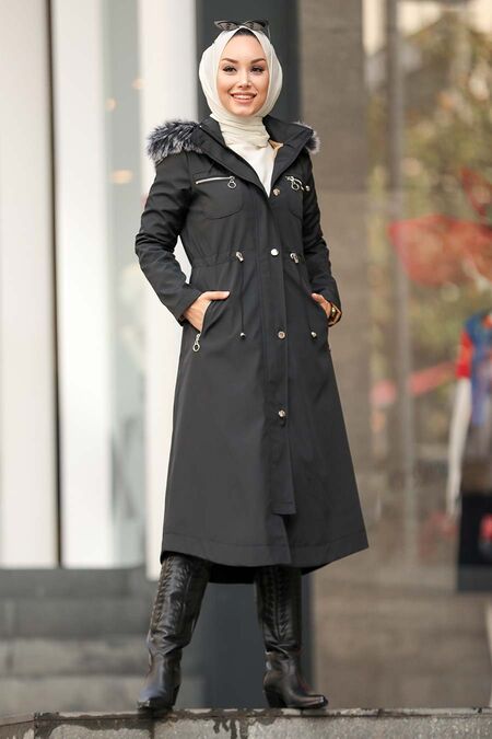 Black Hijab Parka Coat 63774S - NEVA STYLE