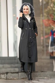 Black Hijab Parka Coat 63774S - 2