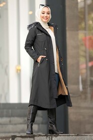 Black Hijab Parka Coat 63774S - 3