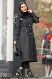 Black Hijab Parka Coat 64564S - 1