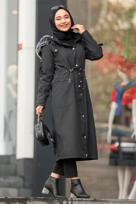 Black Hijab Parka Coat 64564S - NEVA STYLE