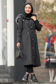 Black Hijab Parka Coat 64564S - 2