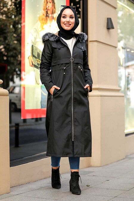 Black Hijab Parka Coat 6605S - NEVA STYLE