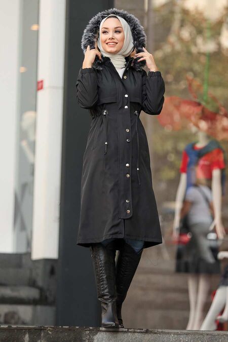 Black Hijab Parka Coat 6606S - NEVA STYLE