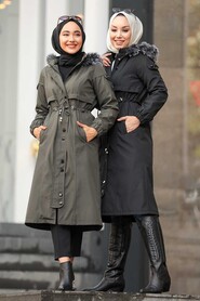 Black Hijab Parka Coat 6606S - 3