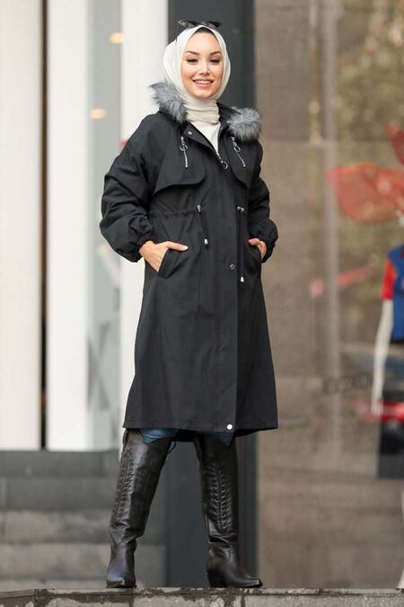 Black Hijab Parka Coat 90651S - NEVA STYLE