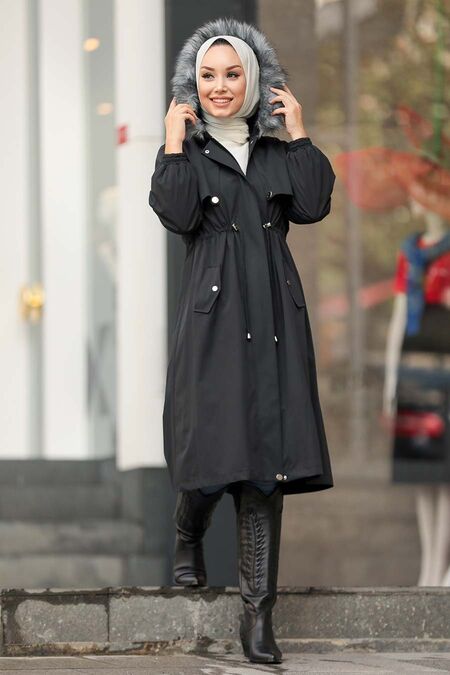 Black Hijab Parka Coat 9066S - NEVA STYLE