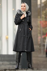 Black Hijab Parka Coat 9066S - 2