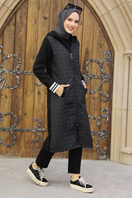 Black Hijab Quilted Coat 35744S - NEVA STYLE