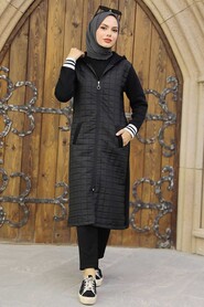 Black Hijab Quilted Coat 35744S - 2