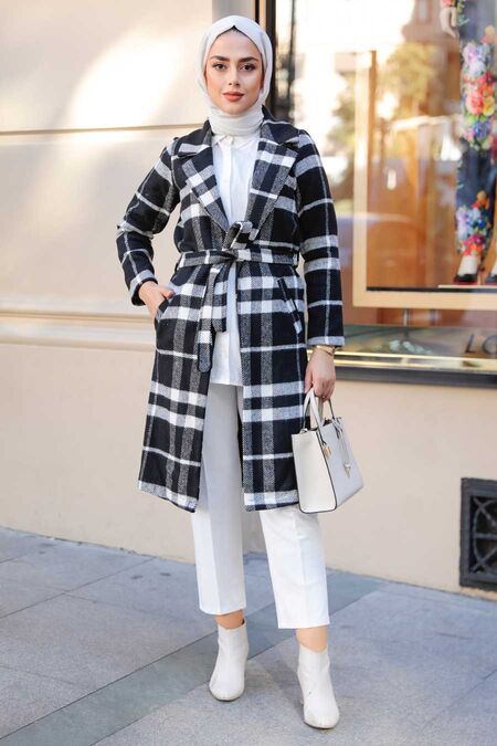 Black Hijab Stamp Coat 10058S - NEVA STYLE