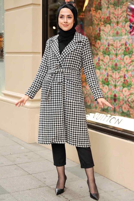 Black Hijab Stamp Coat 2341S - NEVA STYLE