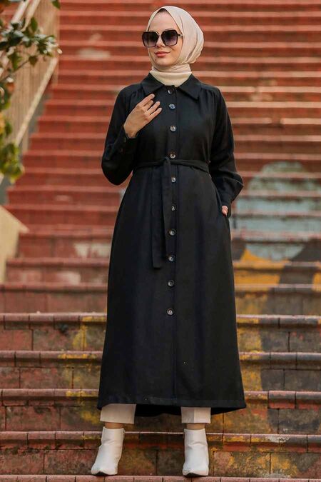 Black Hijab Stamp Coat 4554S - NEVA STYLE