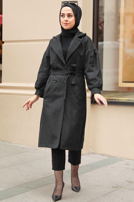 Black Hijab Stamp Coat 5802S - NEVA STYLE