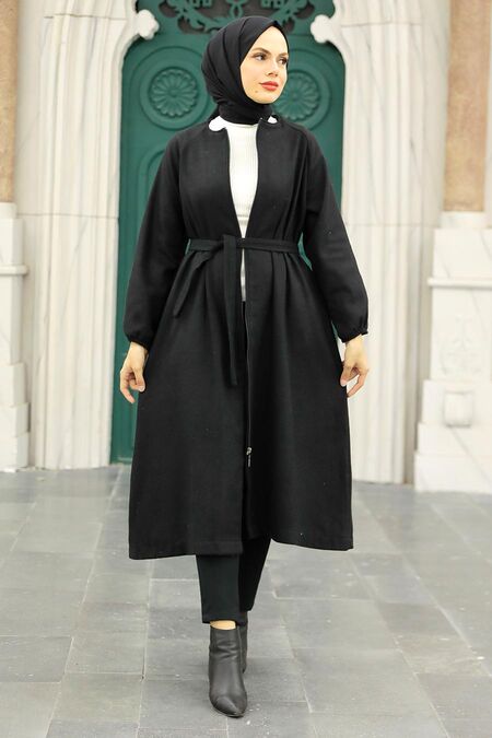 Black Hijab Stamp Coat 5822S - NEVA STYLE