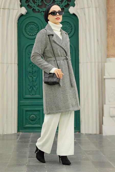 Black Hijab Stamp Coat 5825S - NEVA STYLE