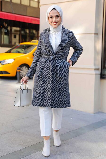 Black Hijab Stamp Coat 71070S - NEVA STYLE