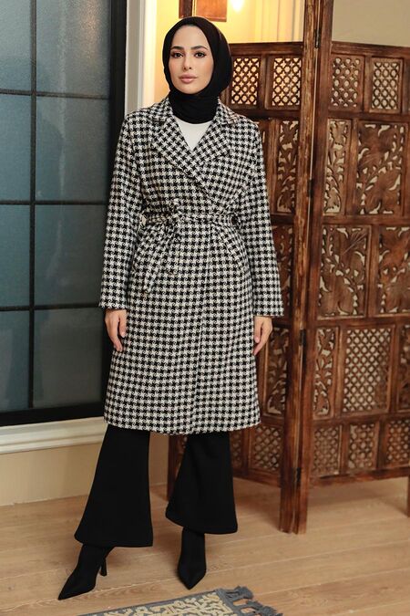 Black Hijab Stamp Coat 7198S - NEVA STYLE