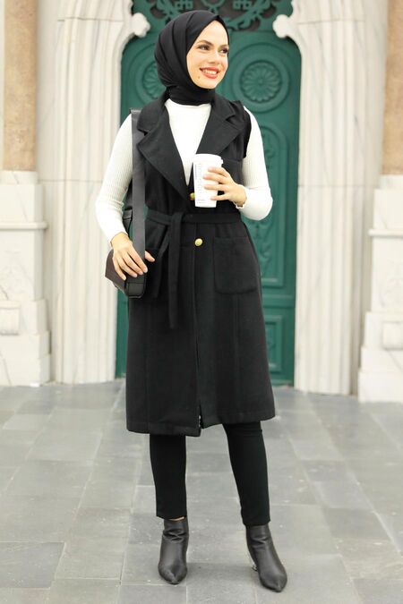 Black Hijab Stamp Vest 5824S - NEVA STYLE